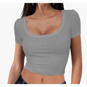 DWNVAL‎ Ribbed Crop Top Square Neck Short Sleeve Casual Tee Shirt Gray L